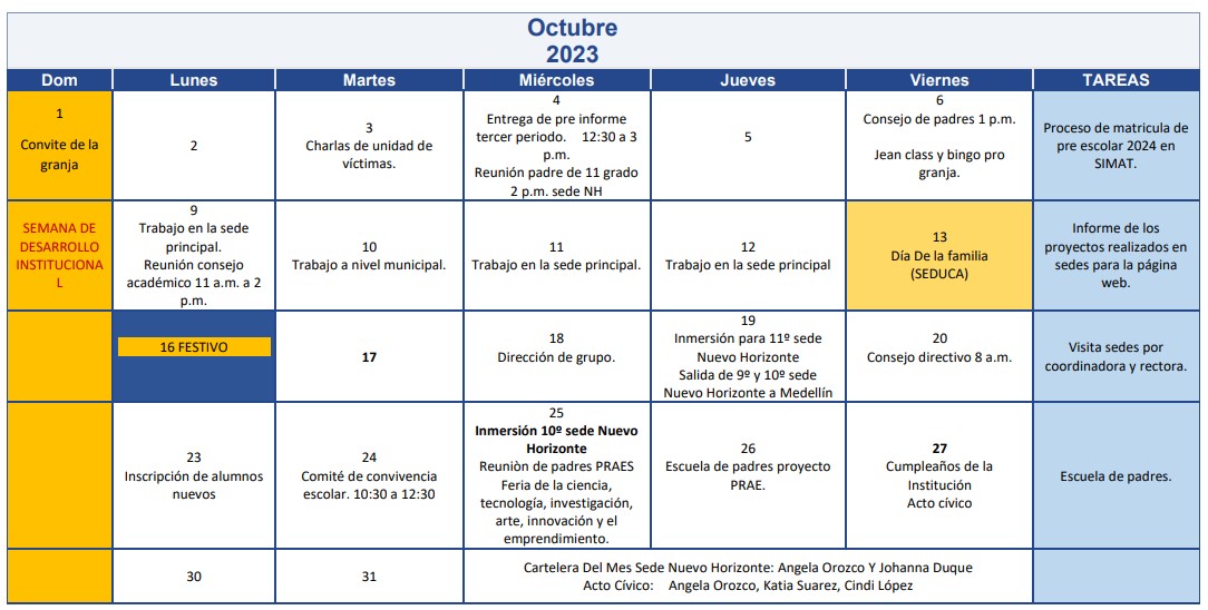 Cronograma de octubre 2023